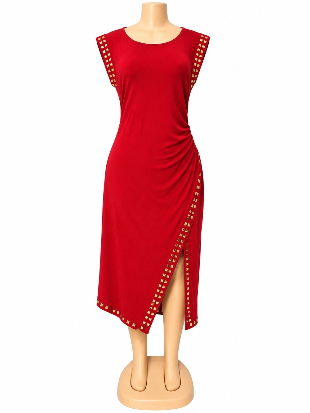Michael Kors Red Asymmetrical Stud-Trim Midi Dress